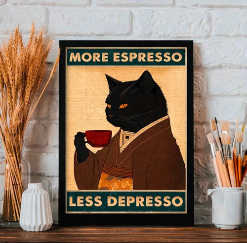 Quadro in Tela 20x25 cm “More Espresso Less Depresso” – Gatto Nero con Tazza, Stampa Vintage con Cornice Bianca o Nera