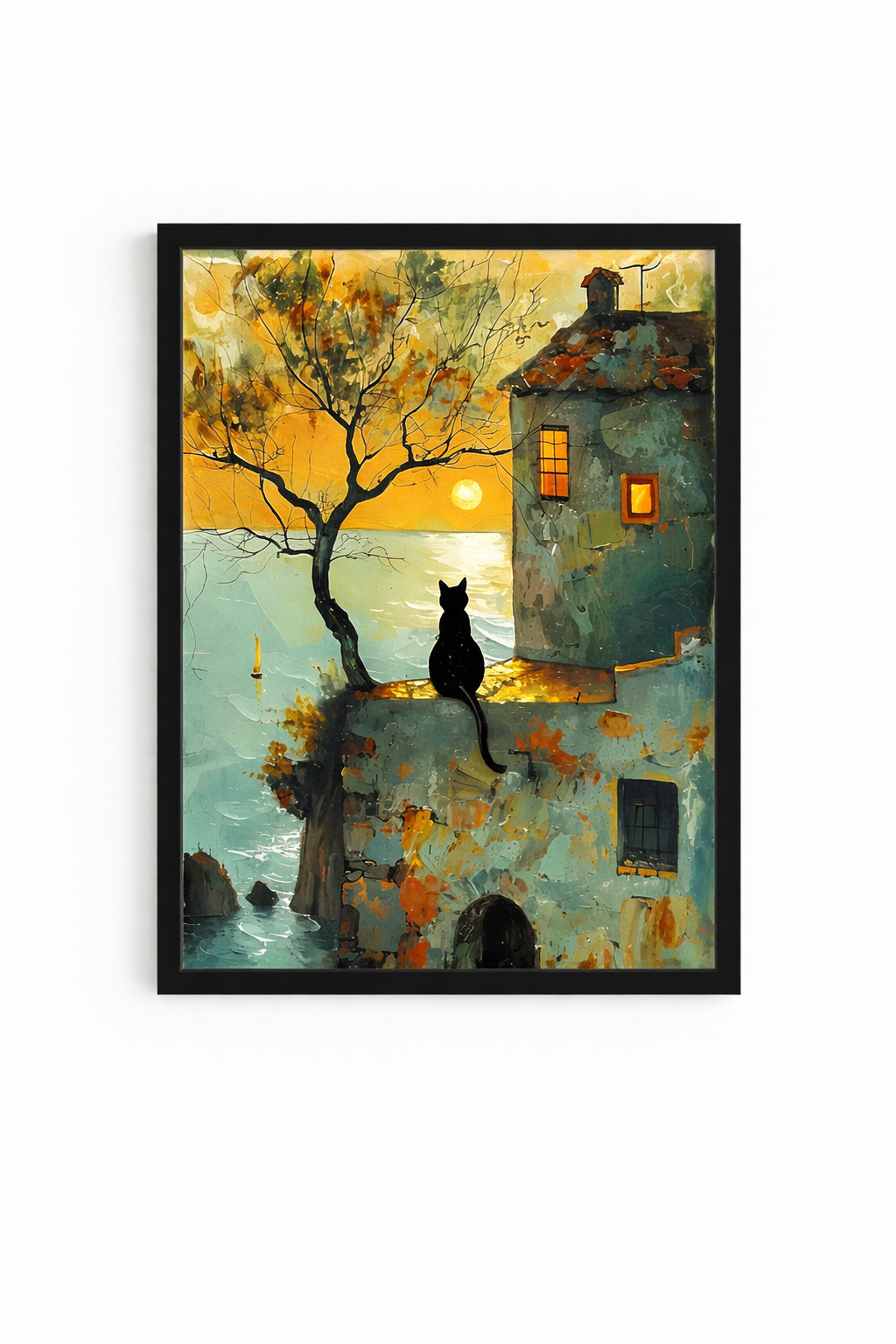 Quadro su Tela Gatto al Tramonto sul Mare 30x40 cm – Stampa Artistica con Cornice Nera o Bianca, Decorazione Casa Moderna