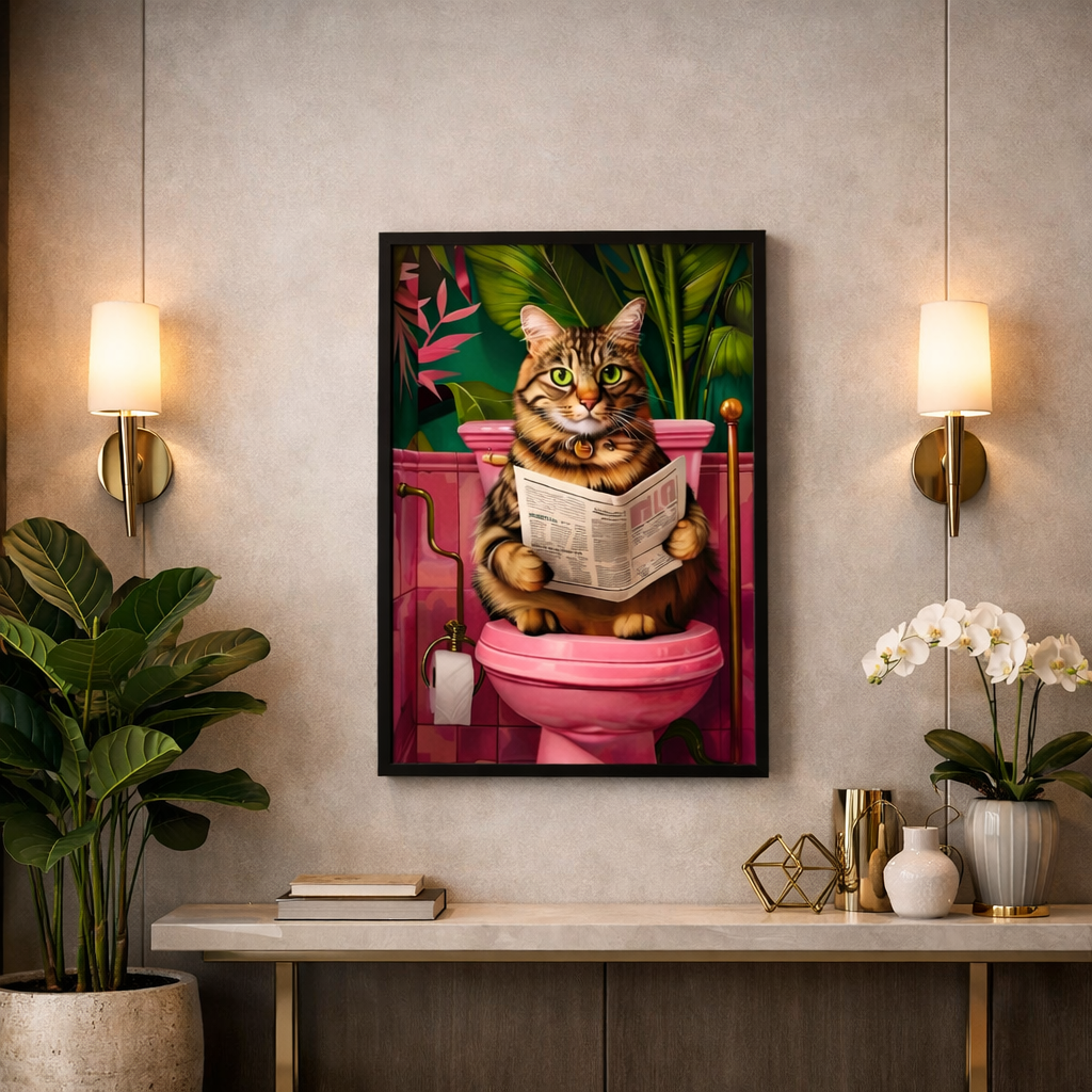 Quadro in Tela Gatto Divertente in Bagno 30x40 cm con Cornice Nera – Stampa Artistica Moderna e Ironica per Arredo Casa