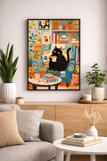 Quadro in Tela 21x30 cm con Cornice a scelta – Gatto Nero con Tazza in Salotto Botanico, Stile Illustrato Moderno