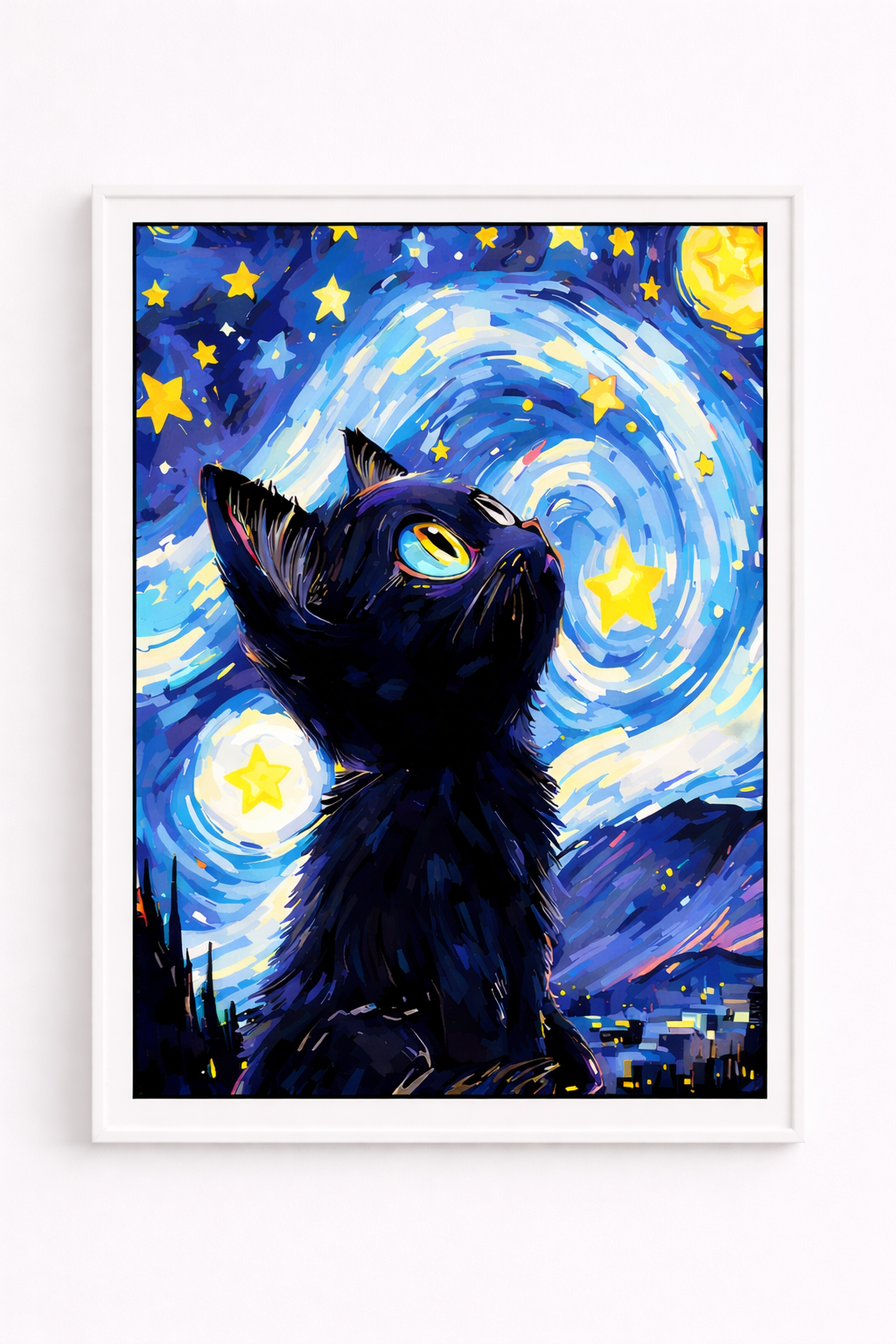Quadro Gatto sotto il Cielo Stellato – Stampa su Tela 21x30 cm con Cornice Nera | Quadro Moderno Decorazione Casa