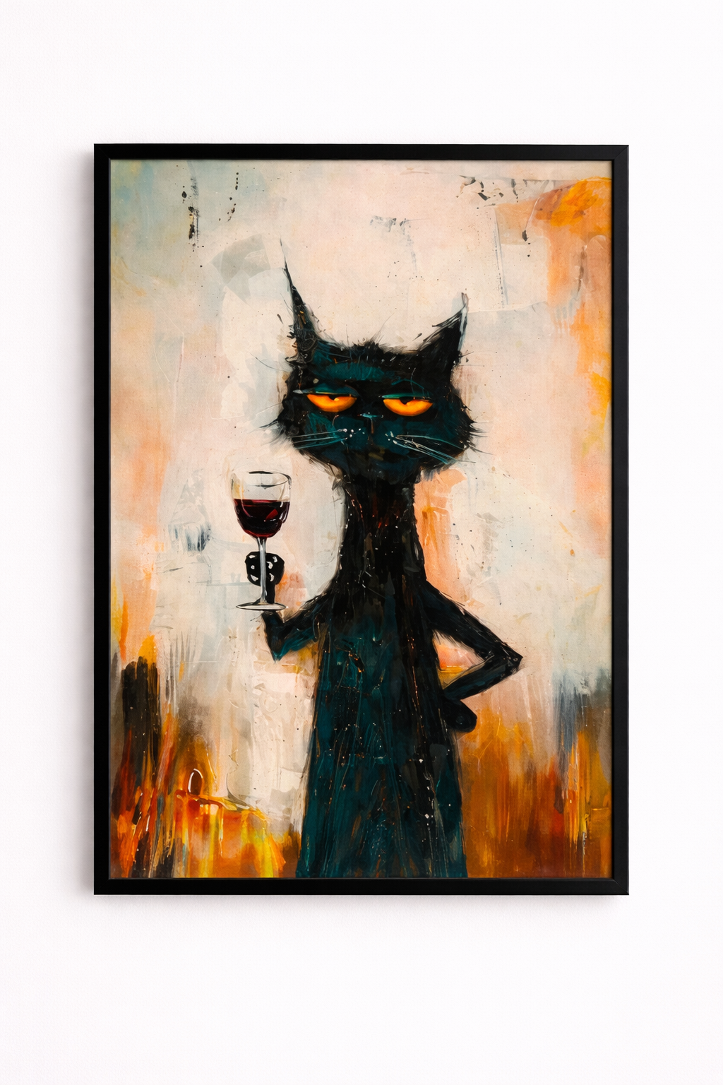 Quadro Moderno Gatto con Calice su Tela 30x40 cm con Cornice Nera – Decorazione Parete Design