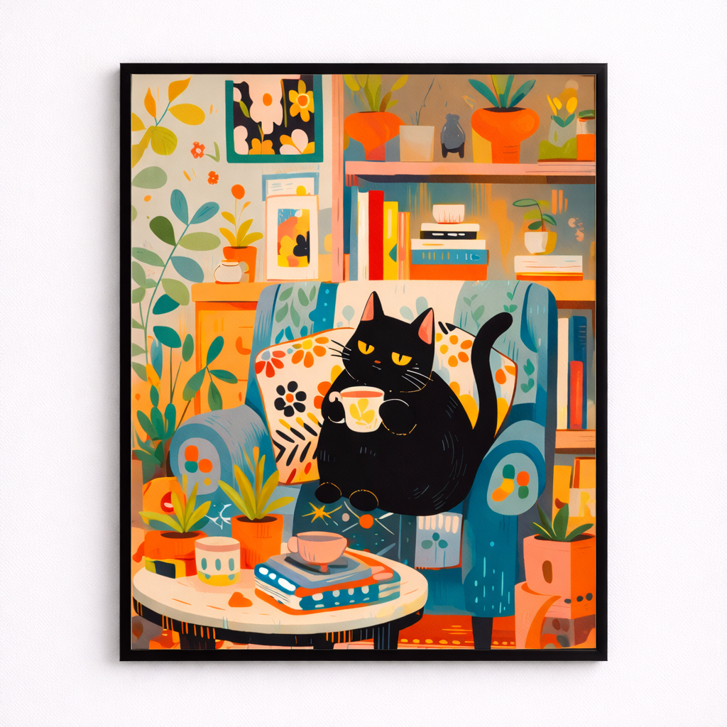Quadro in Tela 21x30 cm con Cornice a scelta – Gatto Nero con Tazza in Salotto Botanico, Stile Illustrato Moderno