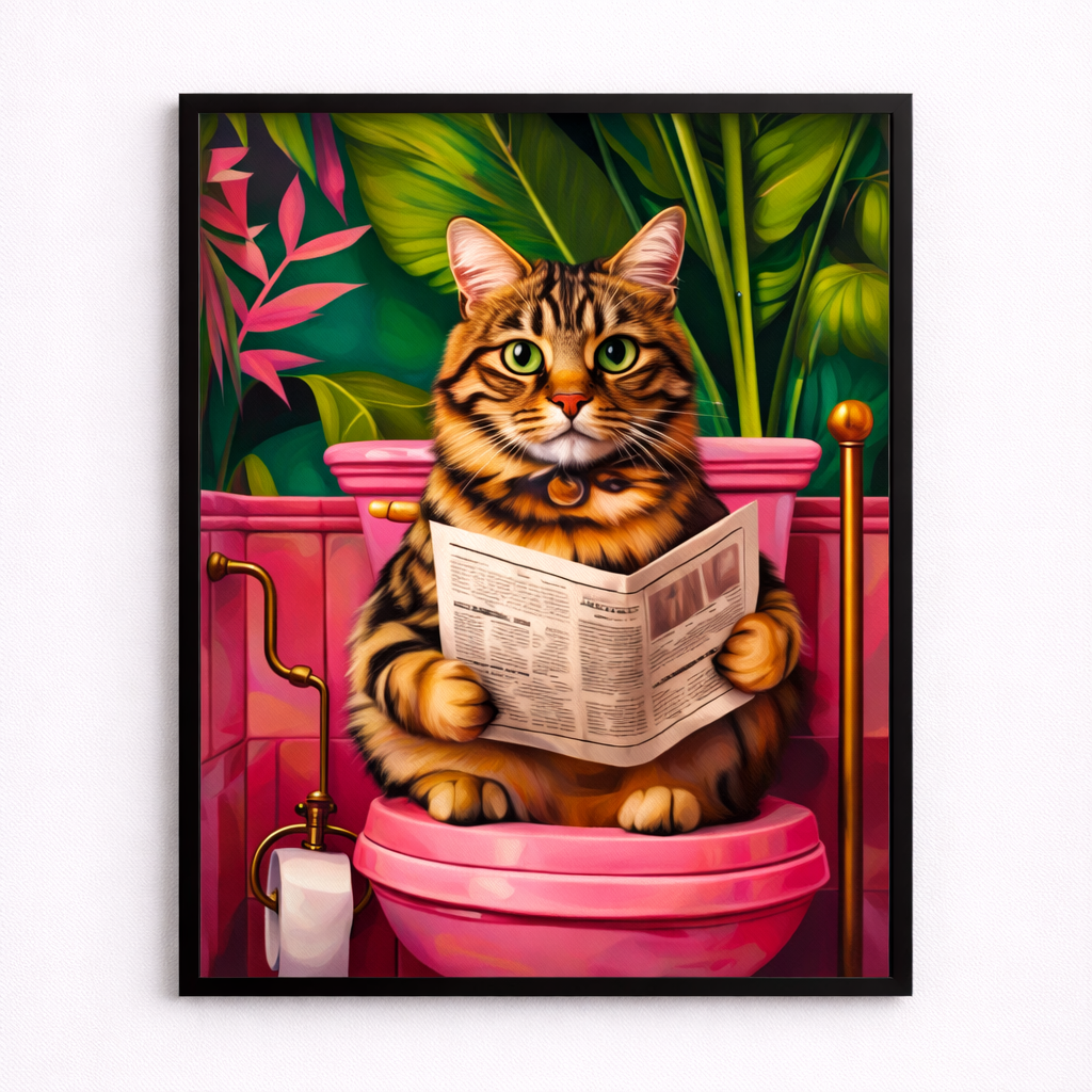 Quadro in Tela Gatto Divertente in Bagno 30x40 cm con Cornice Nera – Stampa Artistica Moderna e Ironica per Arredo Casa