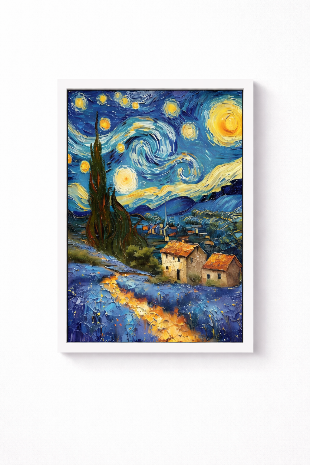 Quadro in Tela Notte Stellata Stile Van Gogh – Stampa Artistica con Cornice Nera o Bianca 30x40 cm | Decorazione Parete Moderna