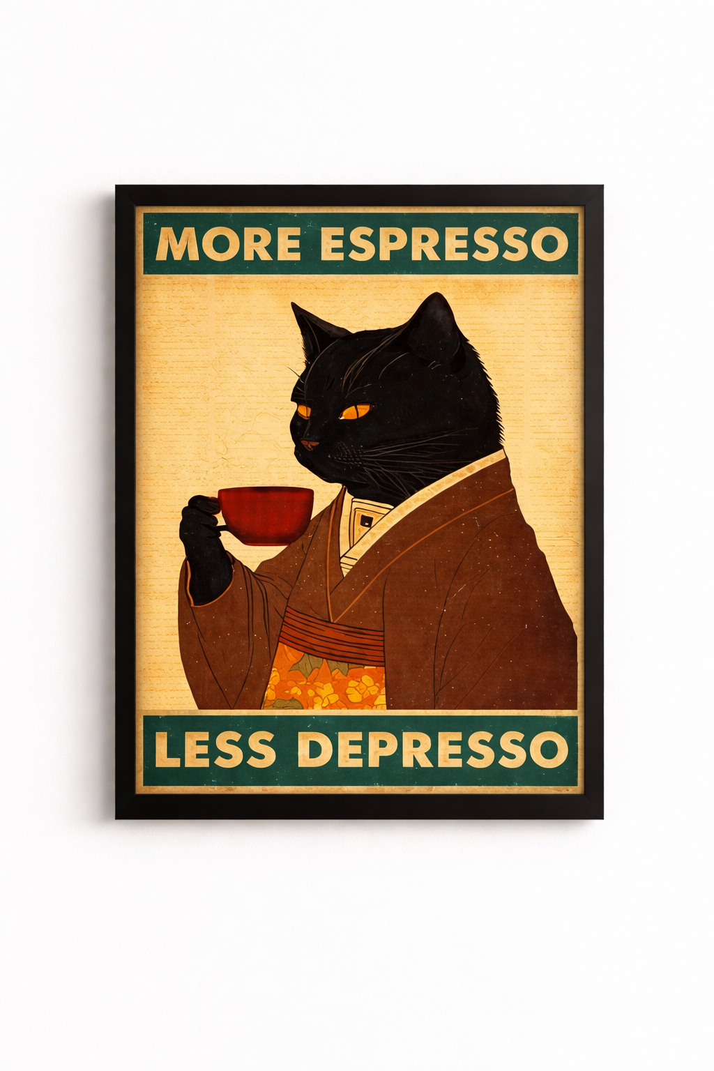 Quadro in Tela 20x25 cm “More Espresso Less Depresso” – Gatto Nero con Tazza, Stampa Vintage con Cornice Bianca o Nera