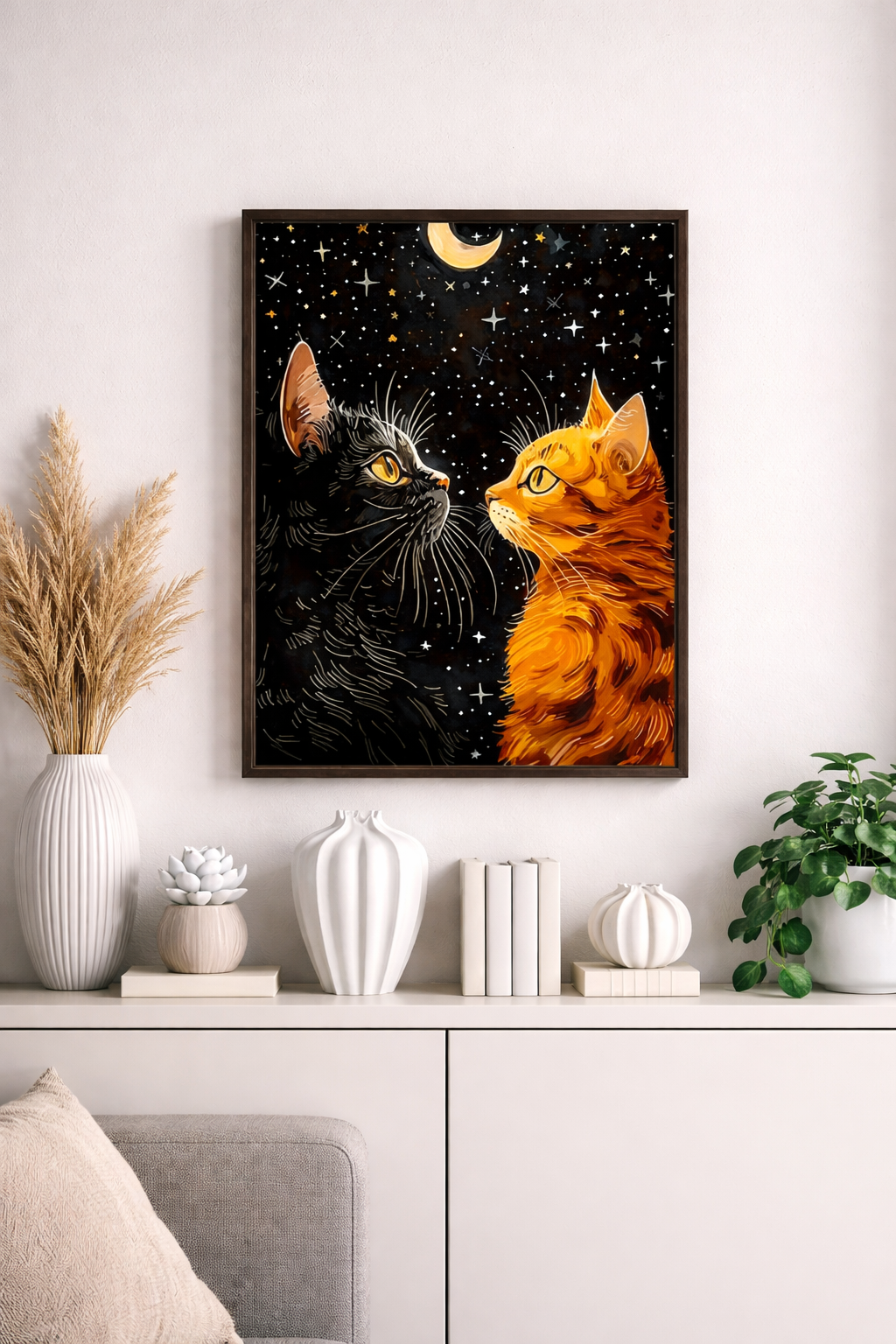 Quadro in Tela Gatti Sotto la Luna 30x40 cm con Cornice Nera – Stampa Artistica Moderna per Arredamento Casa
