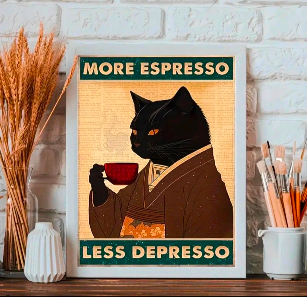 Quadro in Tela 20x25 cm “More Espresso Less Depresso” – Gatto Nero con Tazza, Stampa Vintage con Cornice Bianca o Nera