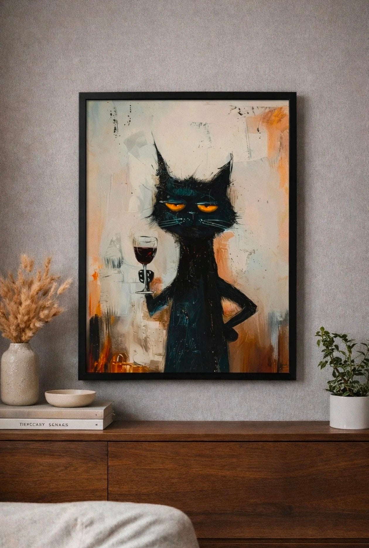 Quadro Moderno Gatto con Calice su Tela 30x40 cm con Cornice Nera – Decorazione Parete Design