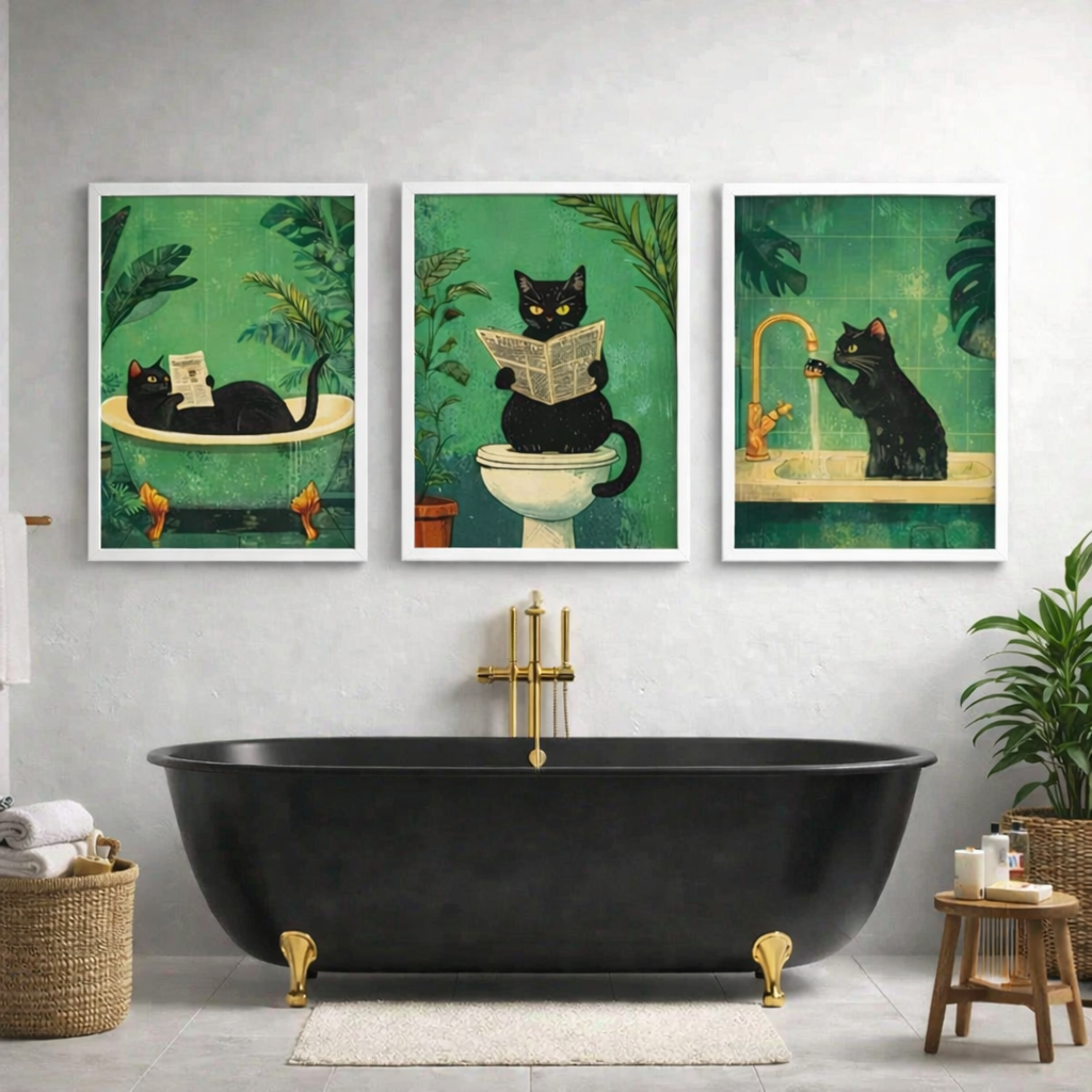 Set di 3 Quadri Gatti Divertenti per Bagno 30x40 cm – Quadri in Tela Moderni con Cornice Bianca o Nera | Decorazione Parete Bagno