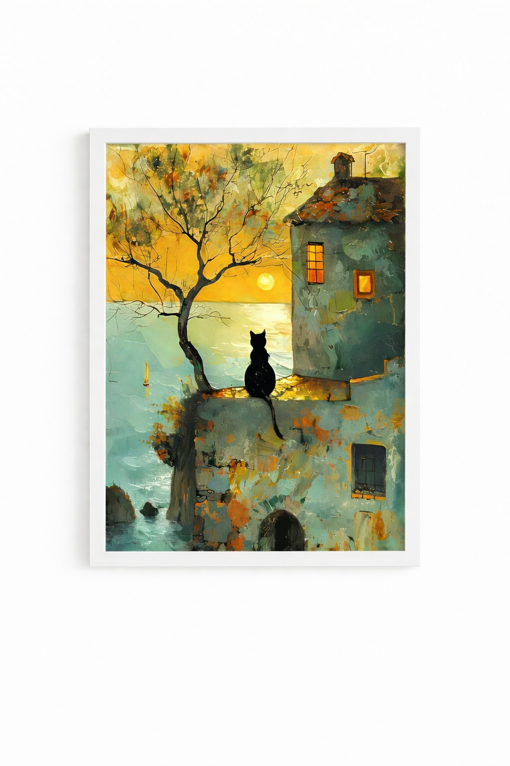 Quadro su Tela Gatto al Tramonto sul Mare 30x40 cm – Stampa Artistica con Cornice Nera o Bianca, Decorazione Casa Moderna