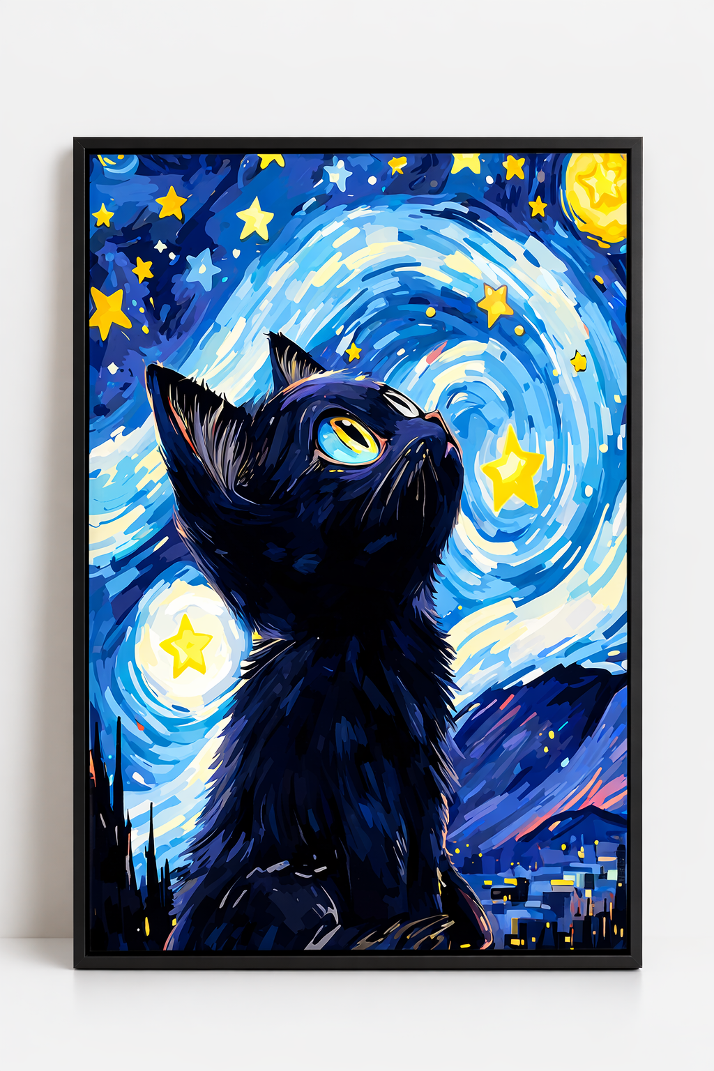 Quadro Gatto sotto il Cielo Stellato – Stampa su Tela 21x30 cm con Cornice Nera | Quadro Moderno Decorazione Casa