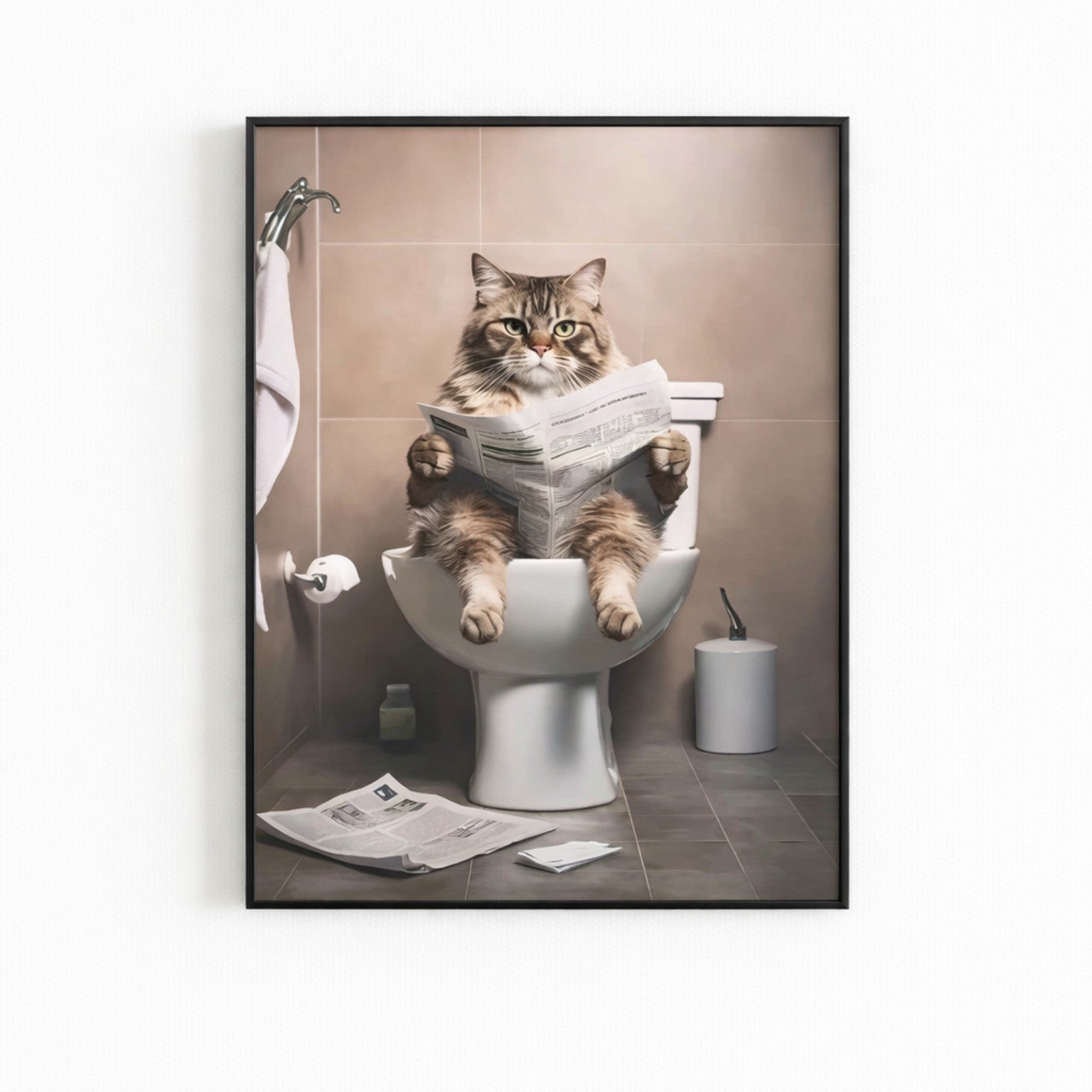 Quadro Gatto sul WC che Legge il Giornale – Stampa su Tela 30x40 cm con Cornice Bianca o Nera | Quadro Divertente Arredo Bagno