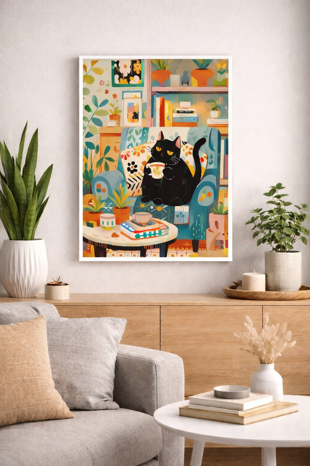 Quadro in Tela 21x30 cm con Cornice a scelta – Gatto Nero con Tazza in Salotto Botanico, Stile Illustrato Moderno