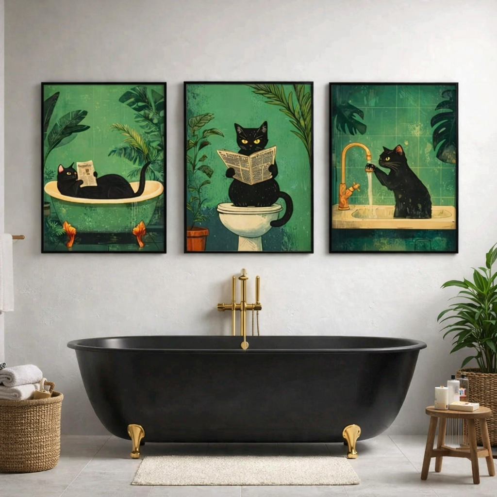 Set di 3 Quadri Gatti Divertenti per Bagno 30x40 cm – Quadri in Tela Moderni con Cornice Bianca o Nera | Decorazione Parete Bagno